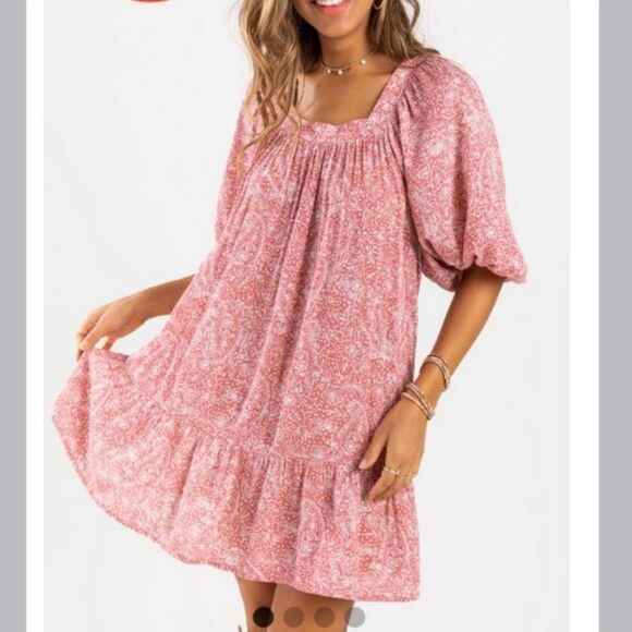 Jun & Ivy Square Neck Tie Back Mini Dress Pink Paisley Women's Small - Picture 1 of 6